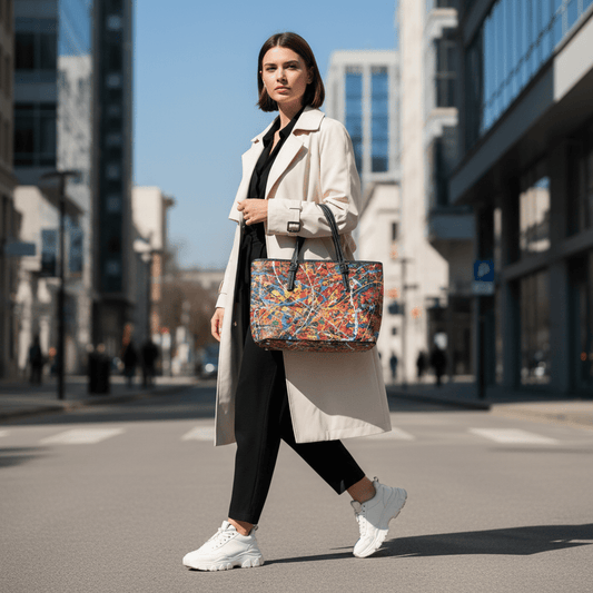 Ultra-realistic female model holding Chaos in Color shoulder bag with shorter straps