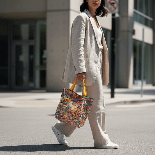 Ultra-realistic female model holding Chaos in Color tote bag