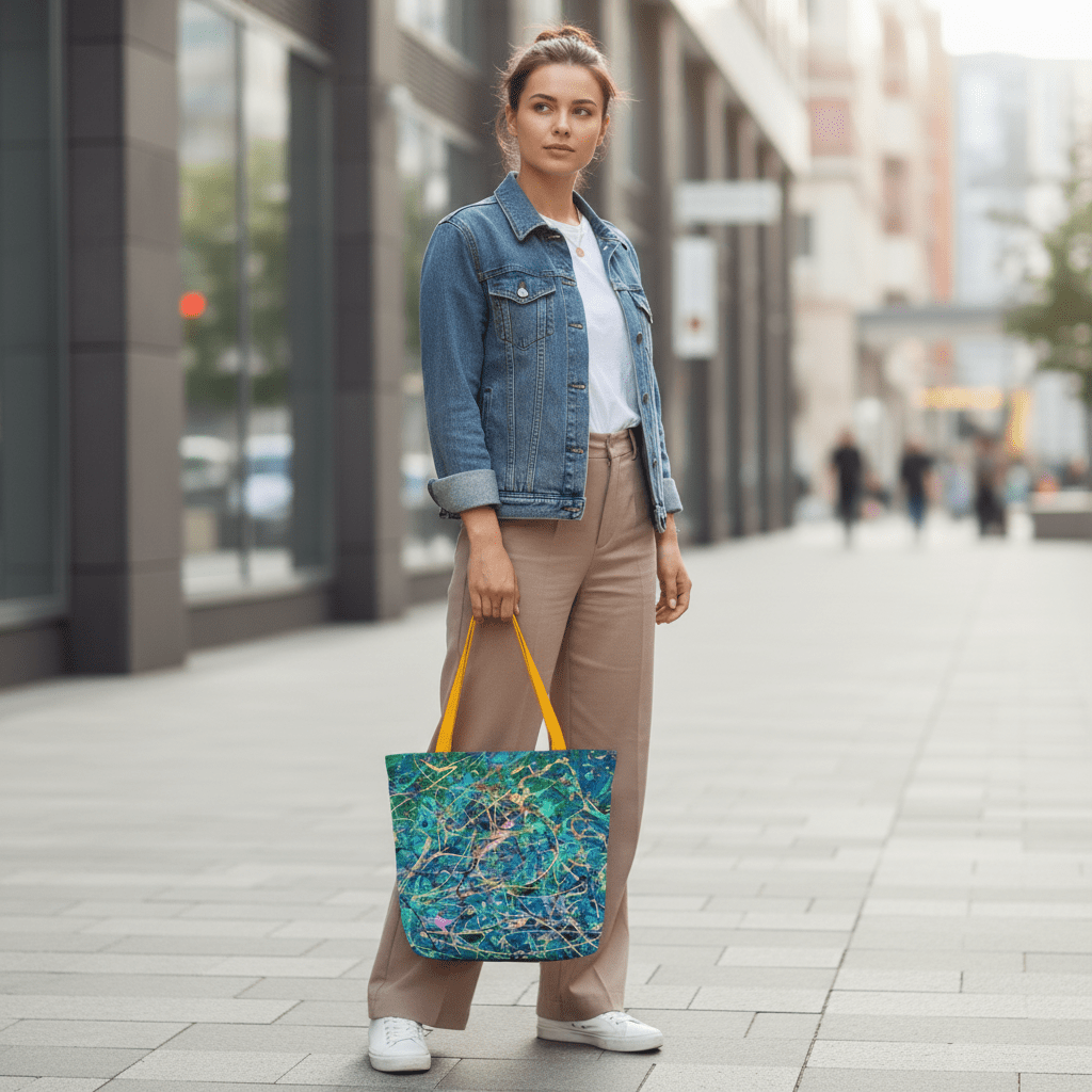 Model holding compact Surge tote bag in city street