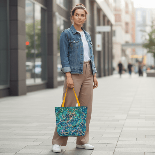Model holding compact Surge tote bag in city street