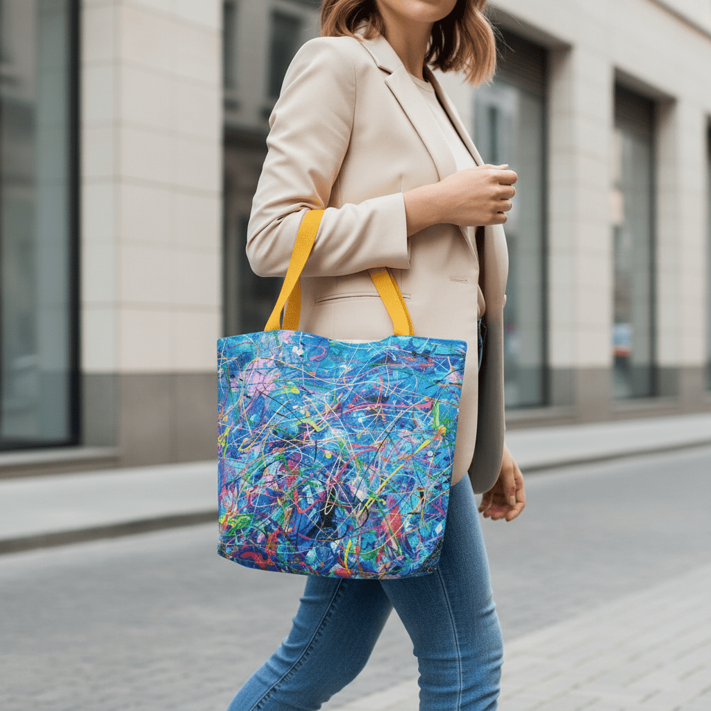 Female model holding blue abstract tote bag in city street