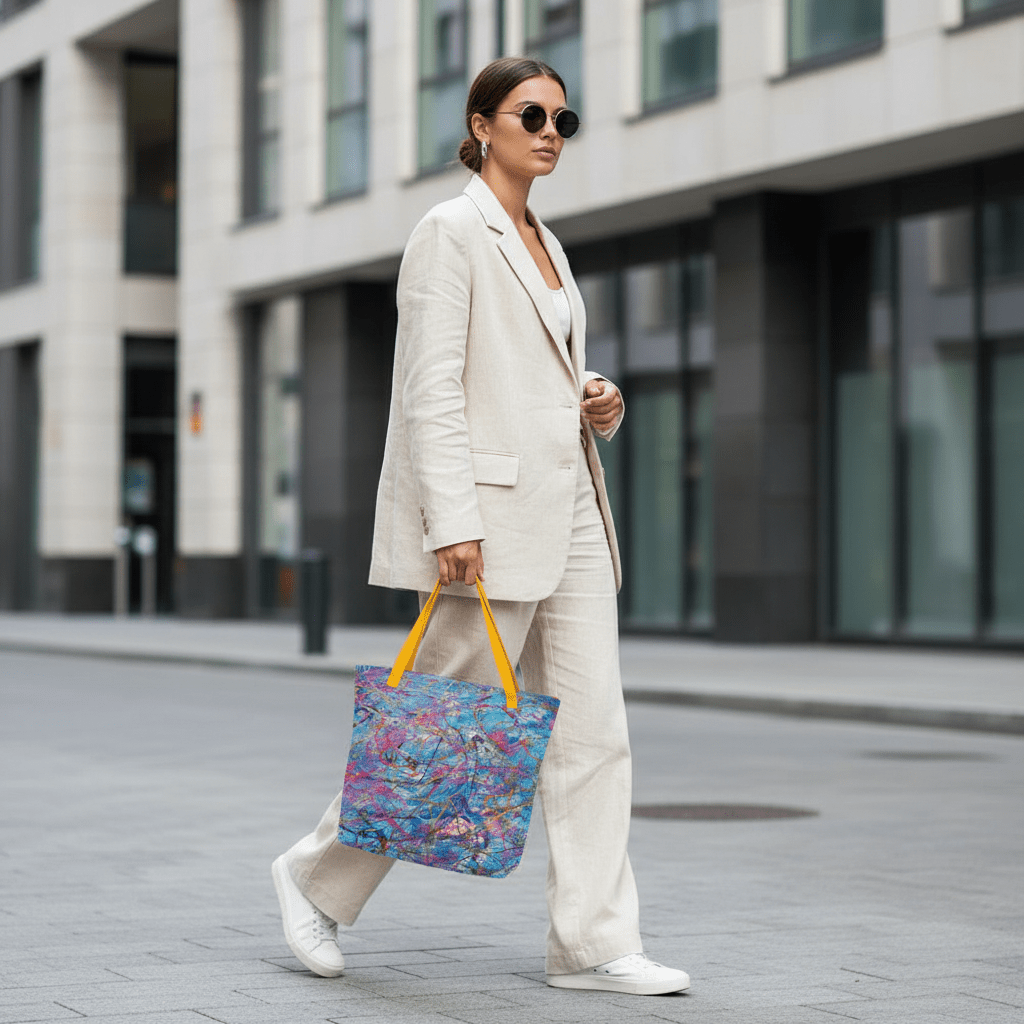 Female model holding Unspoken tote bag in city street