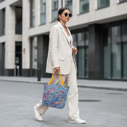 Female model holding Unspoken tote bag in city street