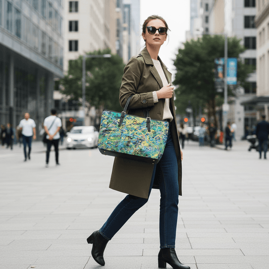 Ultra-realistic female model holding Vitality shoulder bag