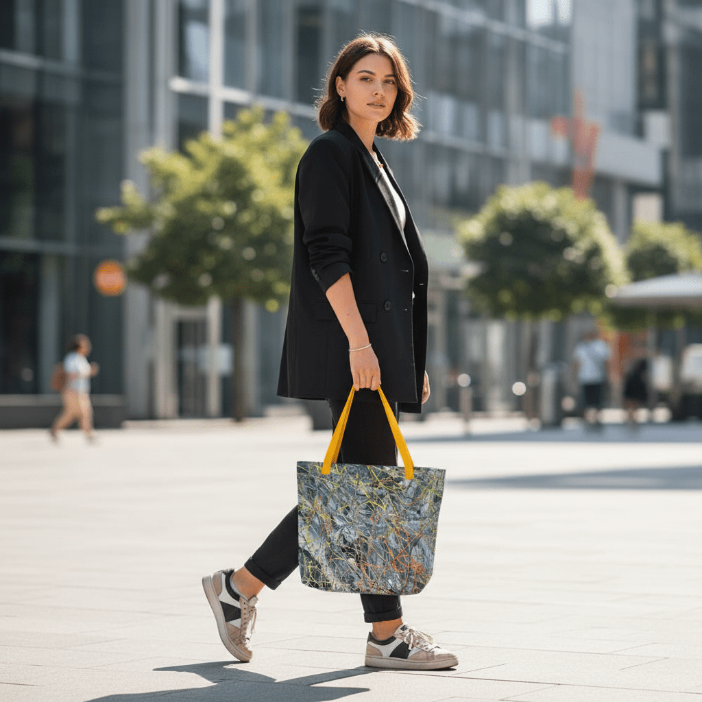 Female model holding gray and yellow abstract tote bag