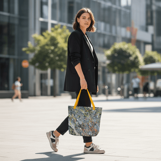 Female model holding gray and yellow abstract tote bag