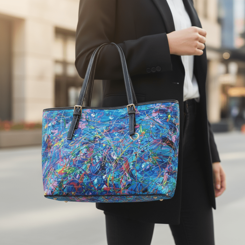 Ultra-realistic blue shoulder bag prominently featured