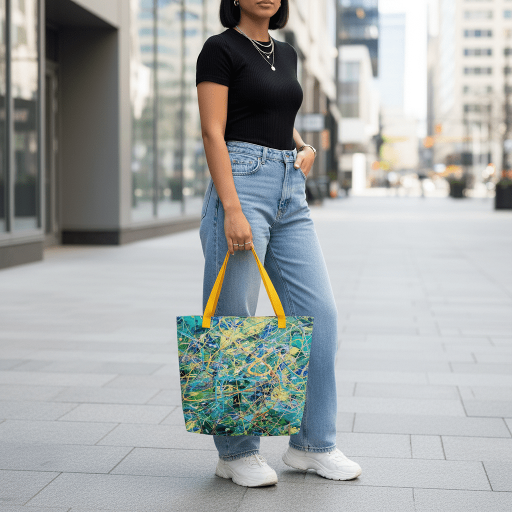 Model holding proportionate Vitality tote bag in city street