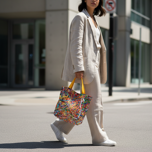 Ultra-realistic female model holding Chaos in Color tote bag