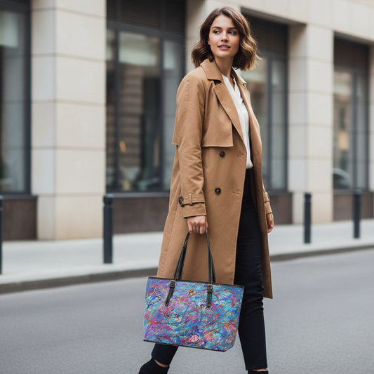 Ultra-realistic female model holding compact blue and pink shoulder bag