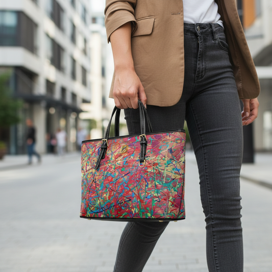 Ultra-realistic female model holding coral and multicolor shoulder bag