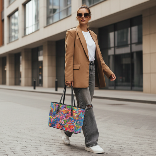 Ultra-realistic female model holding Electric Storm shoulder bag
