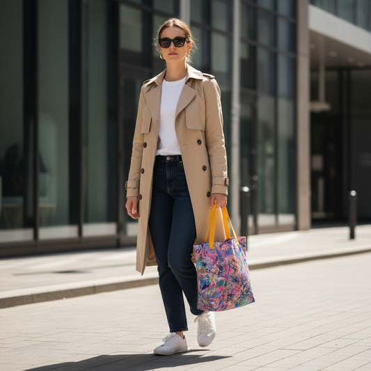 Ultra-realistic female model holding Mother's Love tote bag