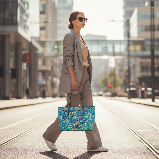 Ultra-realistic female model holding Surge shoulder bag